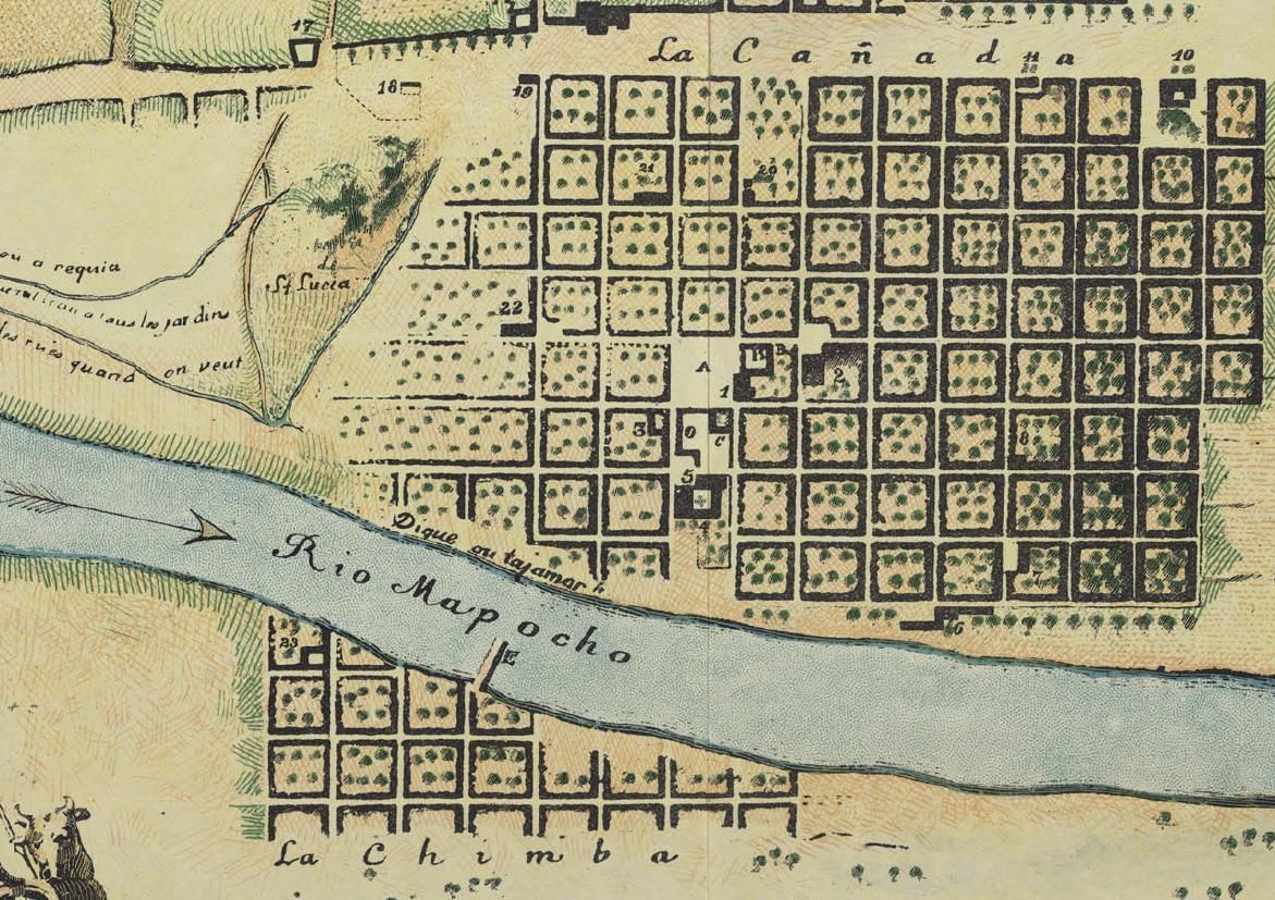 Plano de Santiago de 1712 con La Chimba al otro lado del río Mapocho